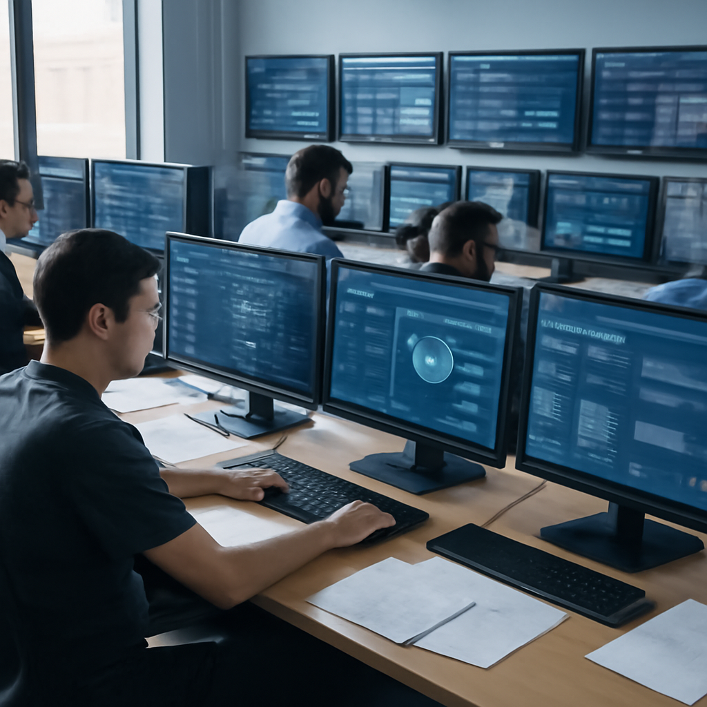Security analysts work at computer stations in a dimly lit operations center.