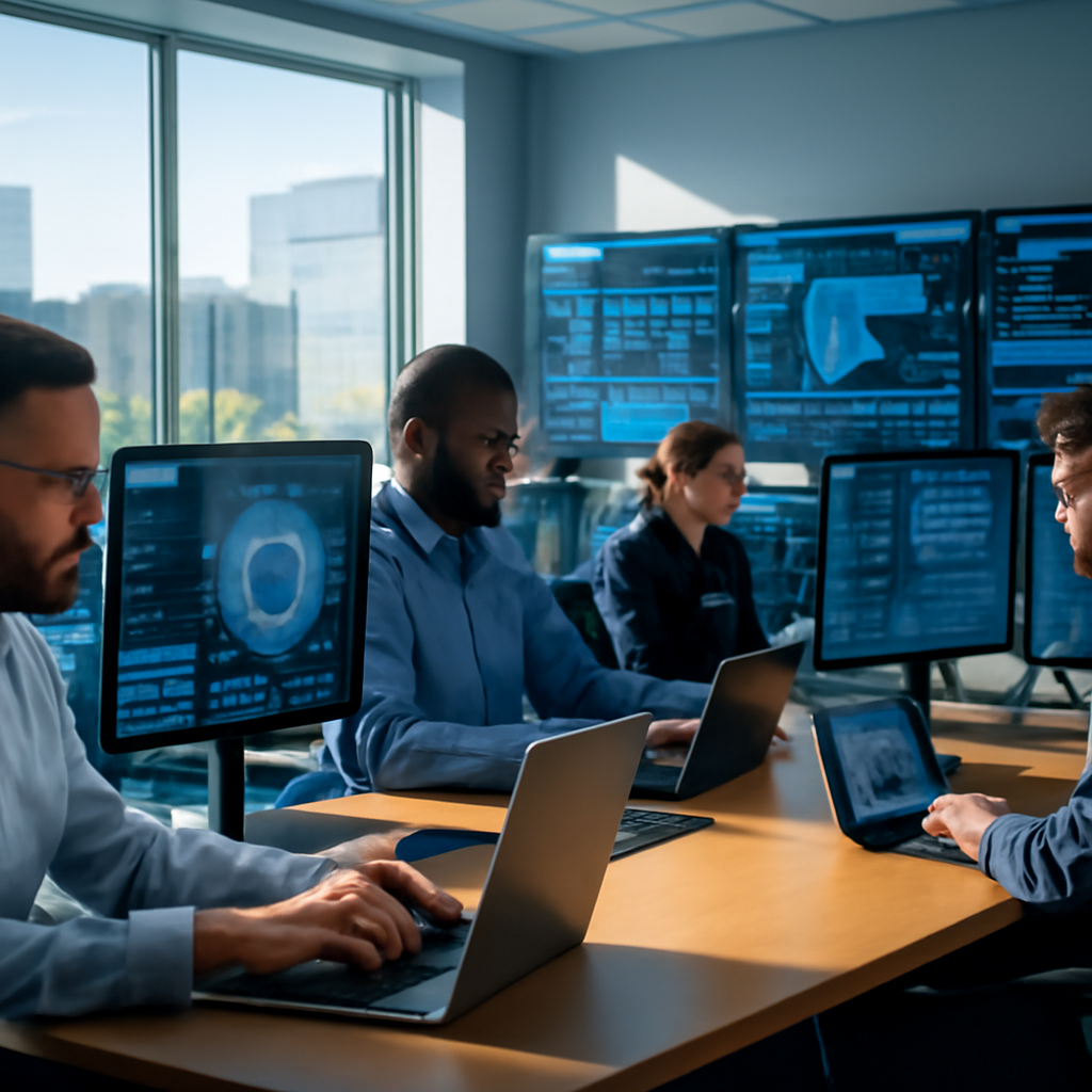 Security analysts work at a large workstation in a brightly-lit operations center with multiple screens and a city view.