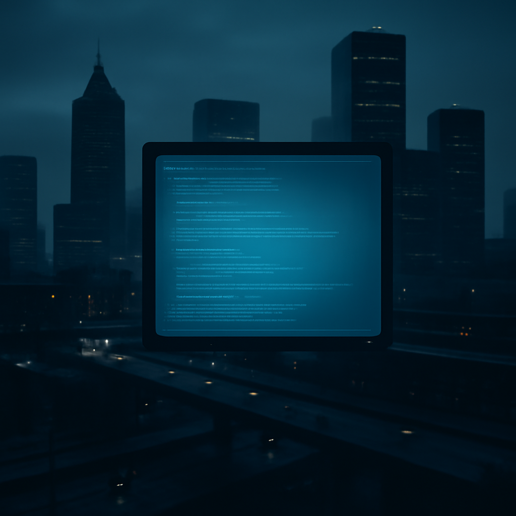 Modern cityscape at dusk with glowing abstract computer screen.
