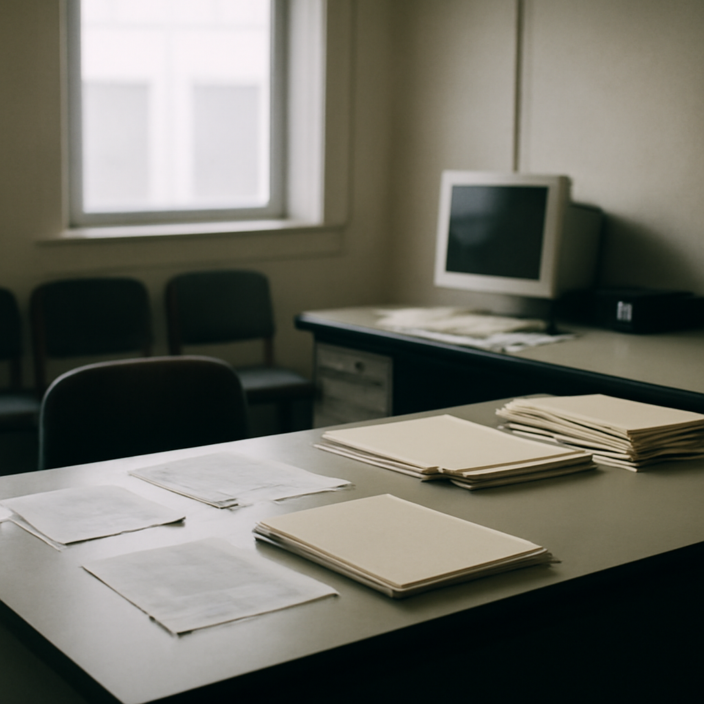 A dimly lit office with scattered papers and a computer terminal in the background.