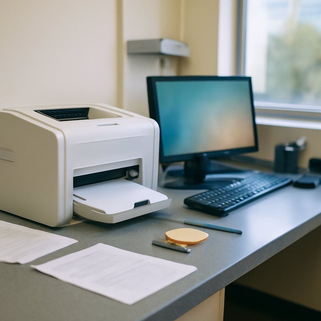 Cluttered office print room counter with printer and computer terminal.