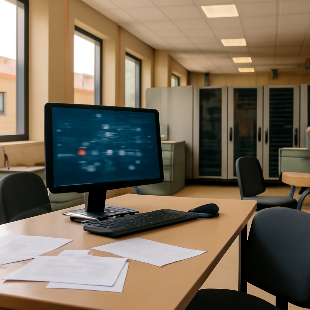 Spanish firm's office with computer workstation and subtle network interface on blurred screen.