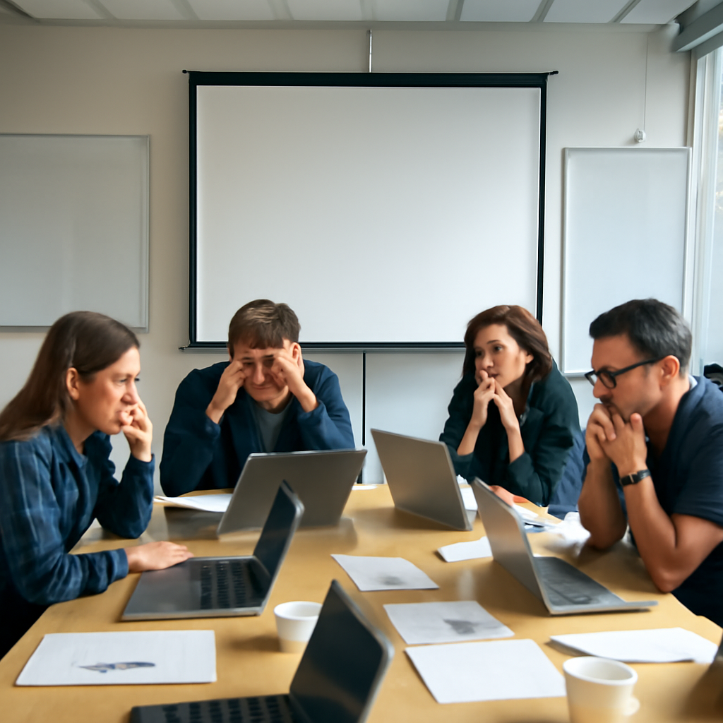 Cybersecurity team members look concerned and overwhelmed while analyzing data on a large screen.