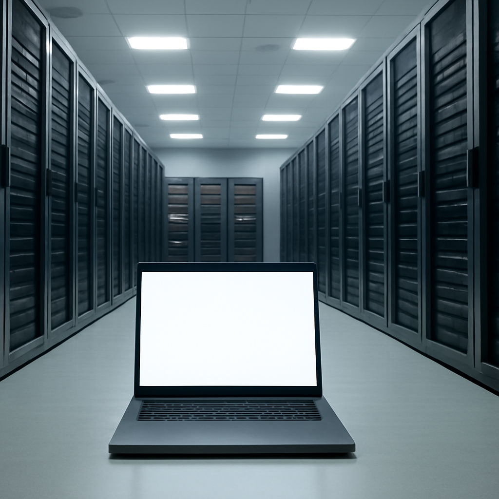 Rows of computer servers in a brightly-lit data center with a lone laptop in the foreground.