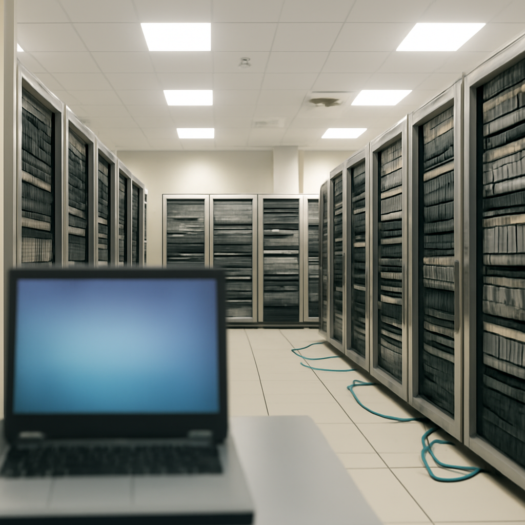 Rows of computer servers and storage equipment in a brightly-lit server room with a blurred laptop screen in the foreground.