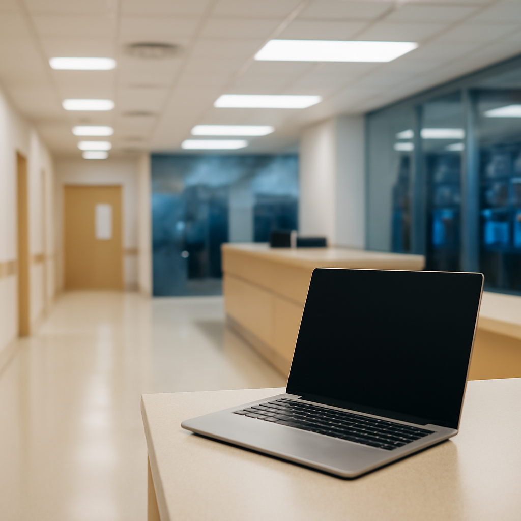 A brightly-lit office setting with a laptop on a counter, surrounded by a generic environment.