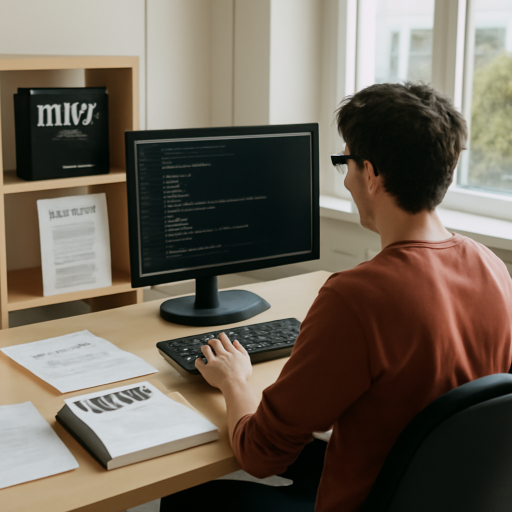 Person working at computer workstation surrounded by Linux notes and documentation.