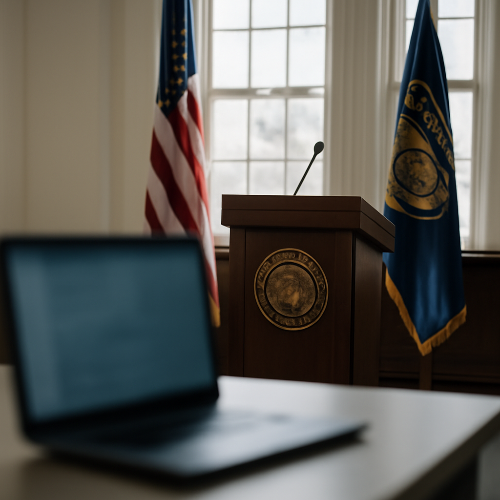 Government setting with podium and windows, laptop screen blurred in foreground.