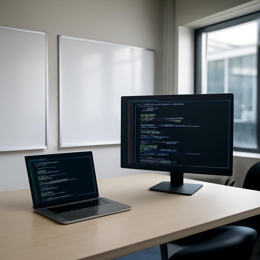 Code review room with laptop and monitor on a clean desk, surrounded by empty whiteboards and a window with natural daylight.