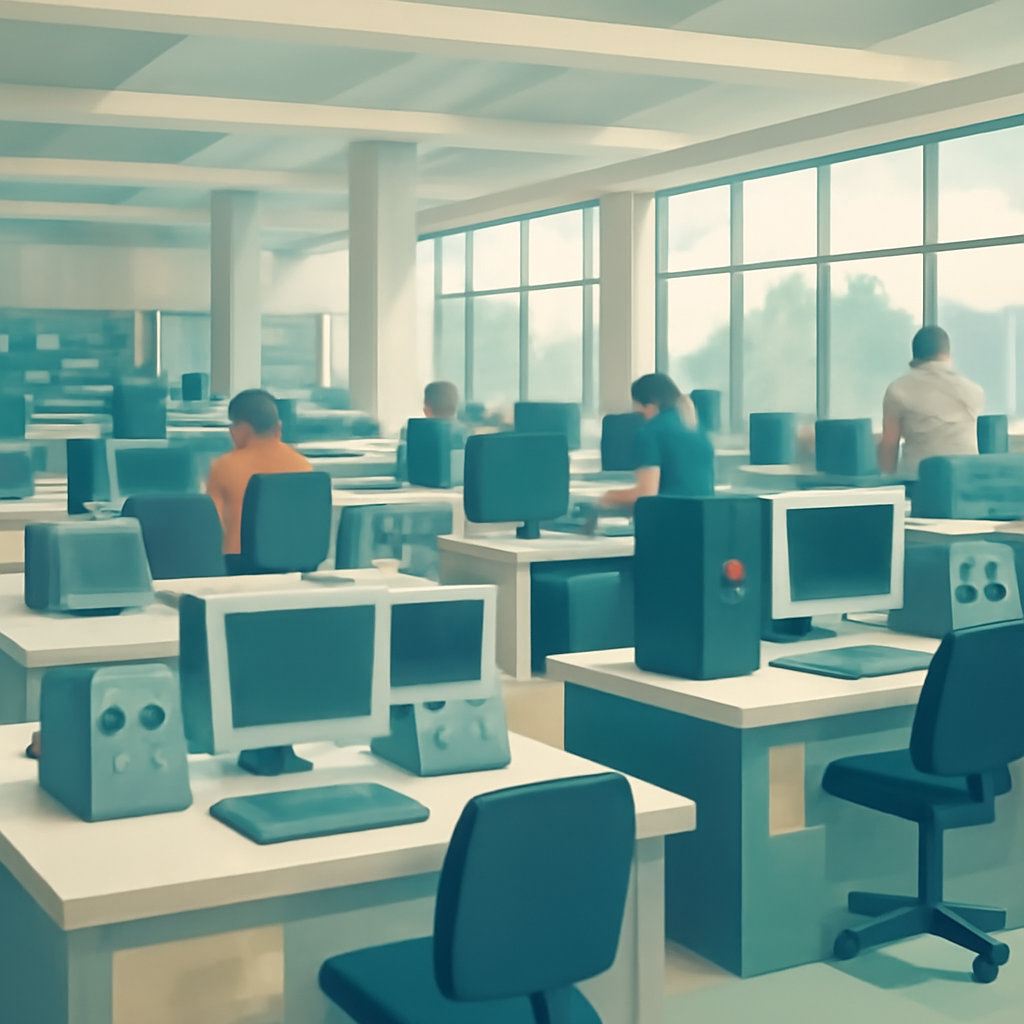 Brightly-lit laboratory with rows of computer workstations and technical equipment.