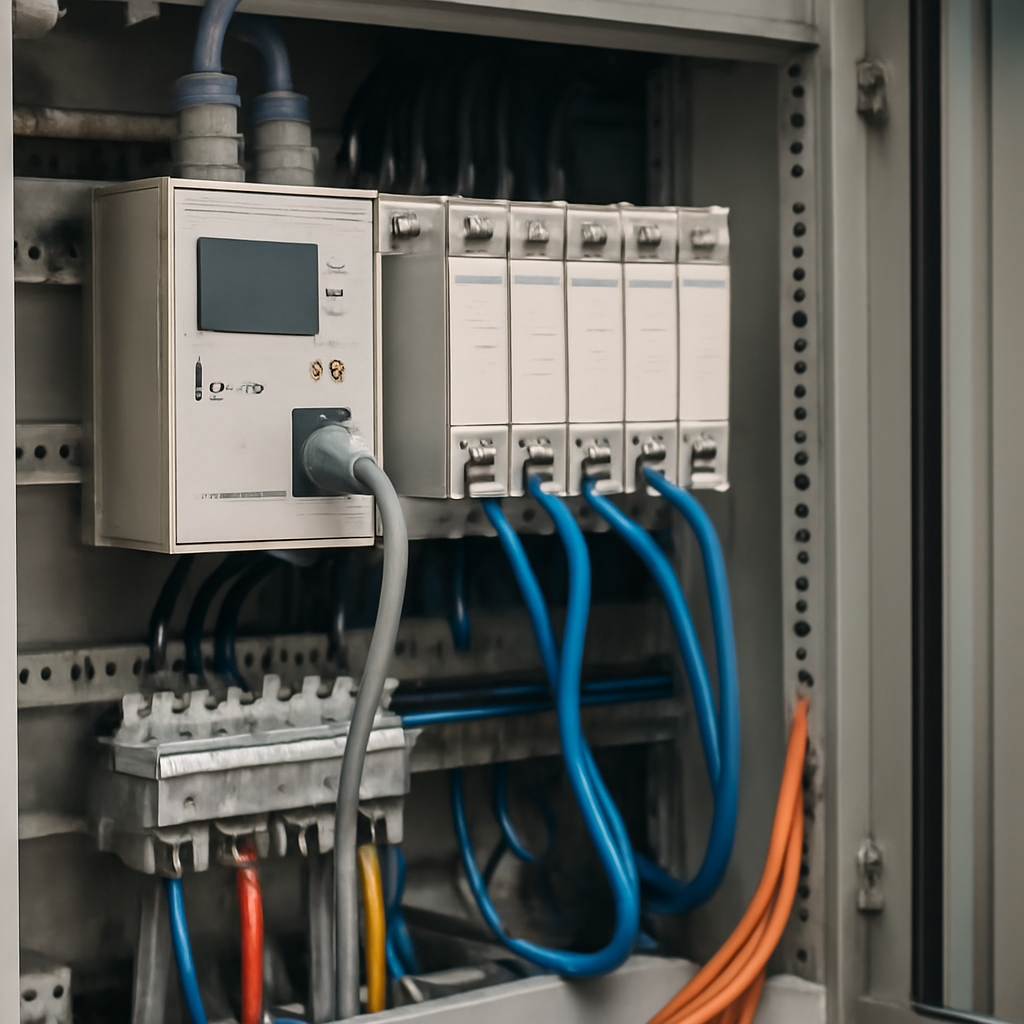 Industrial control system equipment, including a control panel and wiring cabinet, in a neutral indoor setting.
