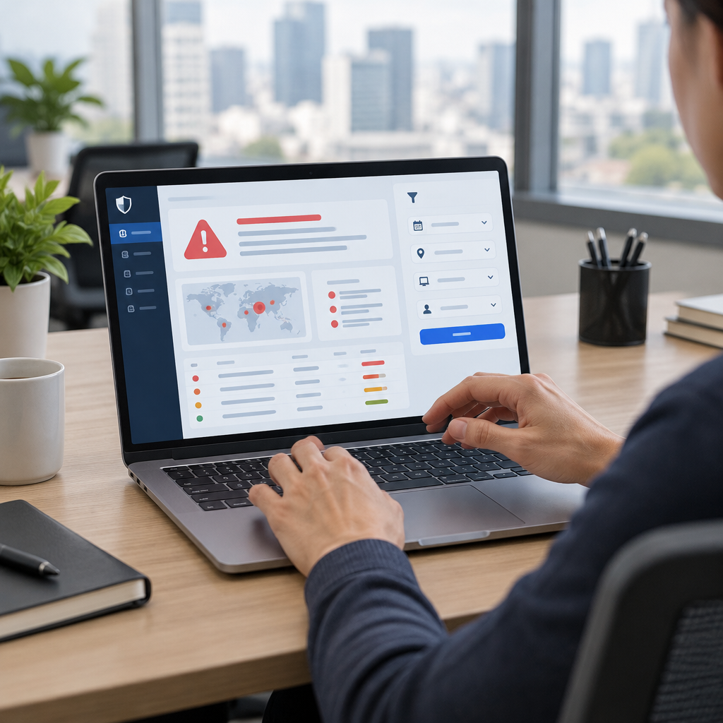 Security analyst's workstation with laptop displaying a simplified security alert dashboard on a clean desk in a modern…