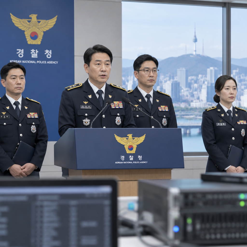 South Korean police officers stand in a briefing room with a cityscape visible through a window behind them.