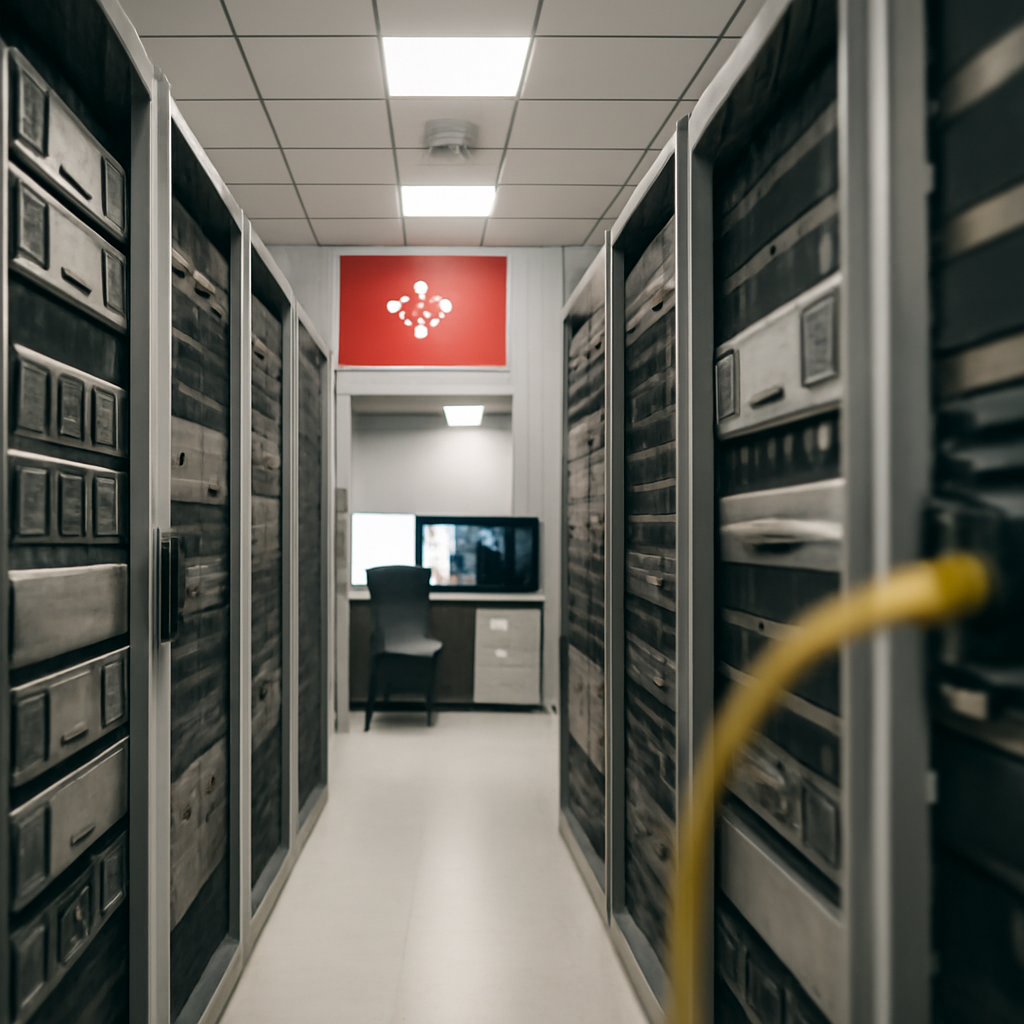 Server room with rows of computer servers, networking equipment, and a technician's workstation.
