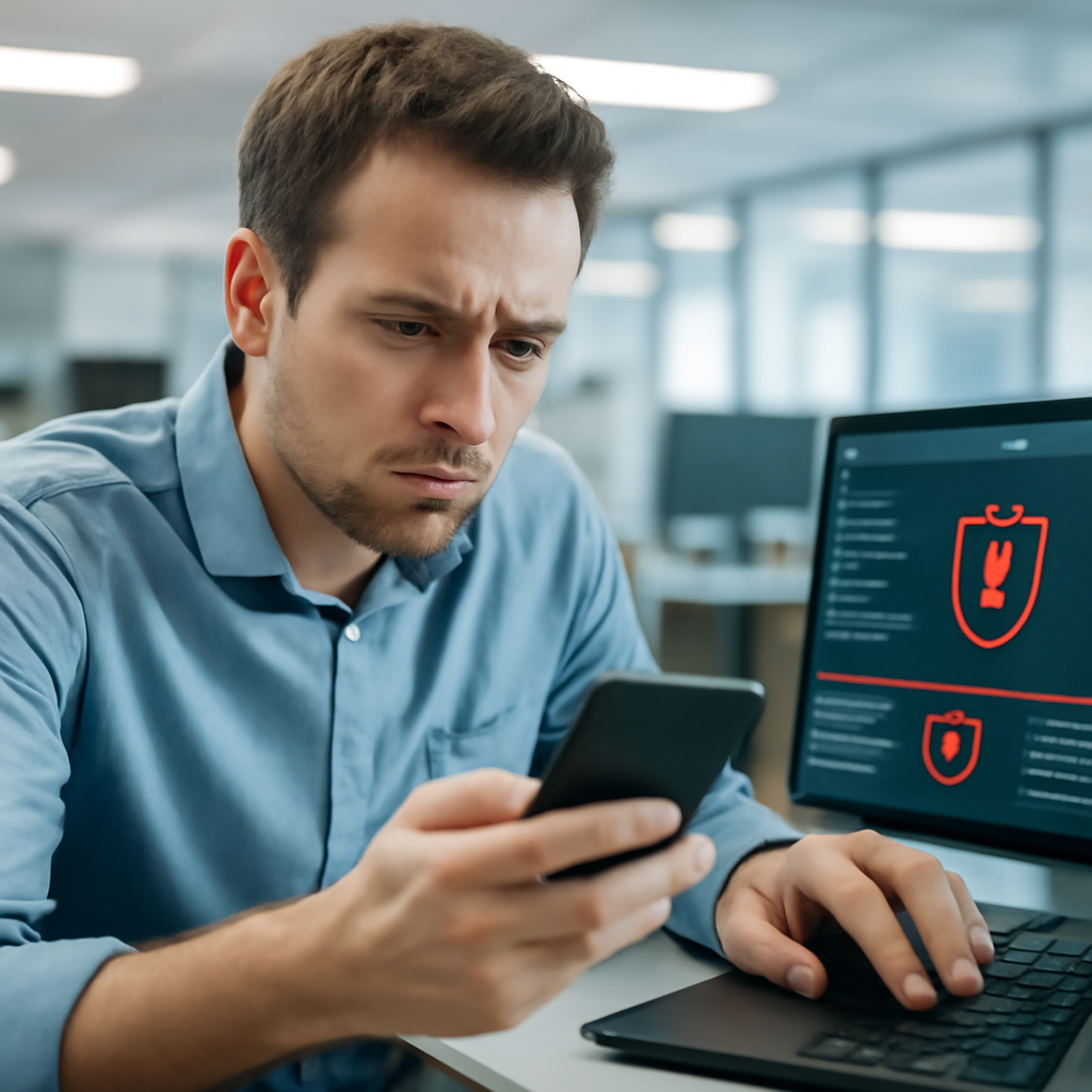 Office worker scrutinizes phone and laptop with concern in a modern office setting.