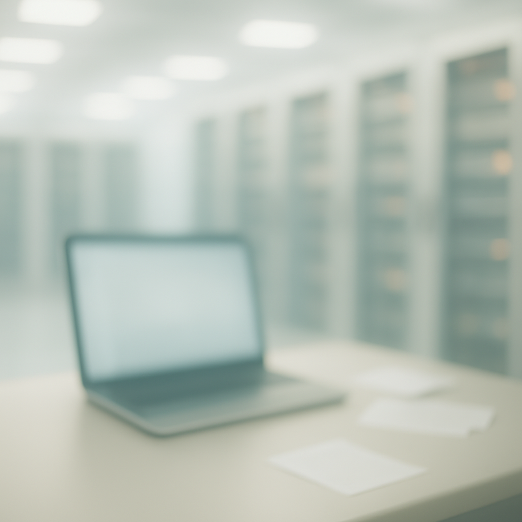 Rows of server racks in a modern office background with a laptop screen in the foreground.