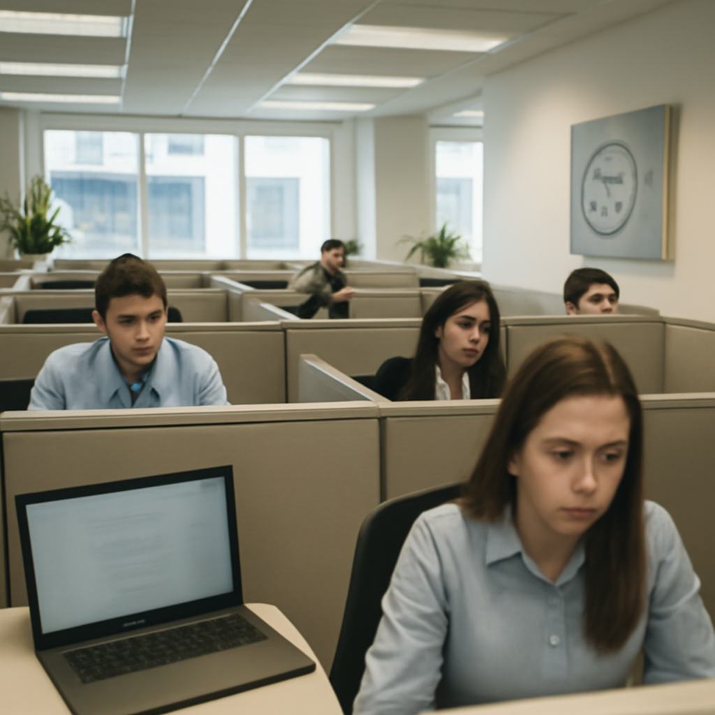 Office workers look concerned at their computers in a brightly-lit interior with cubicles and a large window.