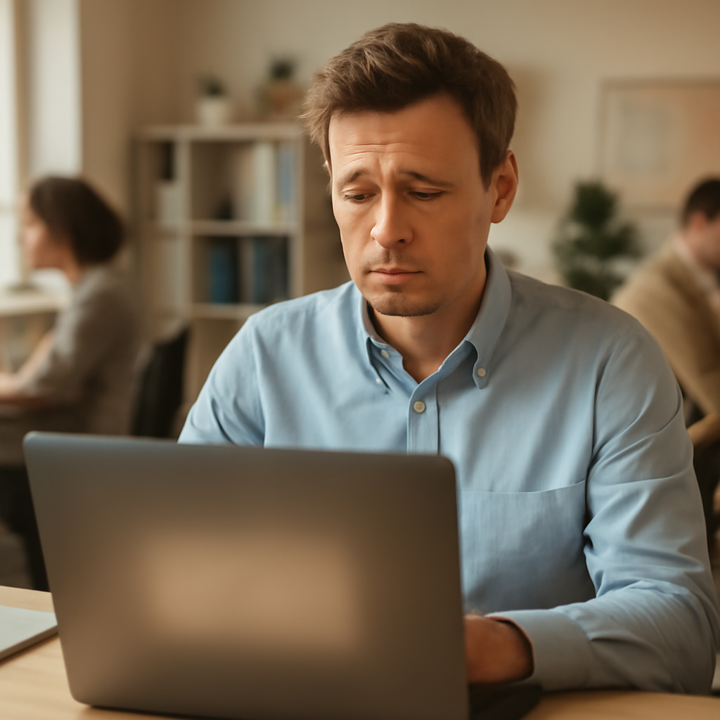 Worker looks concerned at laptop screen in office setting.