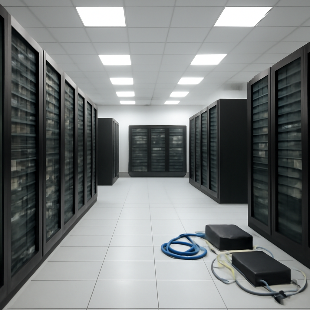 Rows of computer servers and storage equipment in a modern data center.