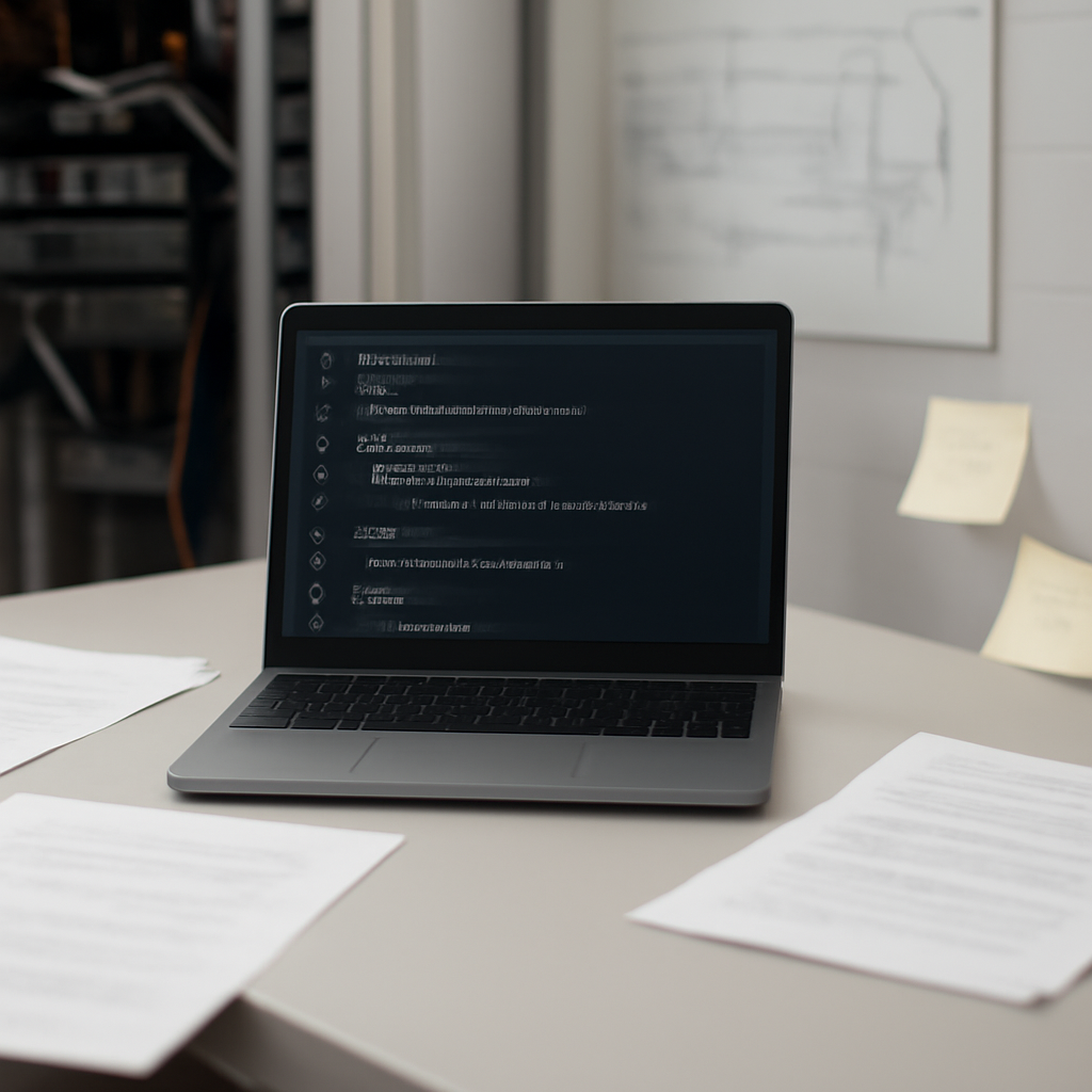 Computer workstation with code on screen, surrounded by papers and notes.