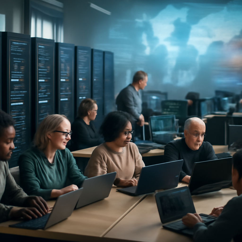 Diverse team collaborates in dimly lit room with computer servers and workstations amidst blurred screens and a subtle…