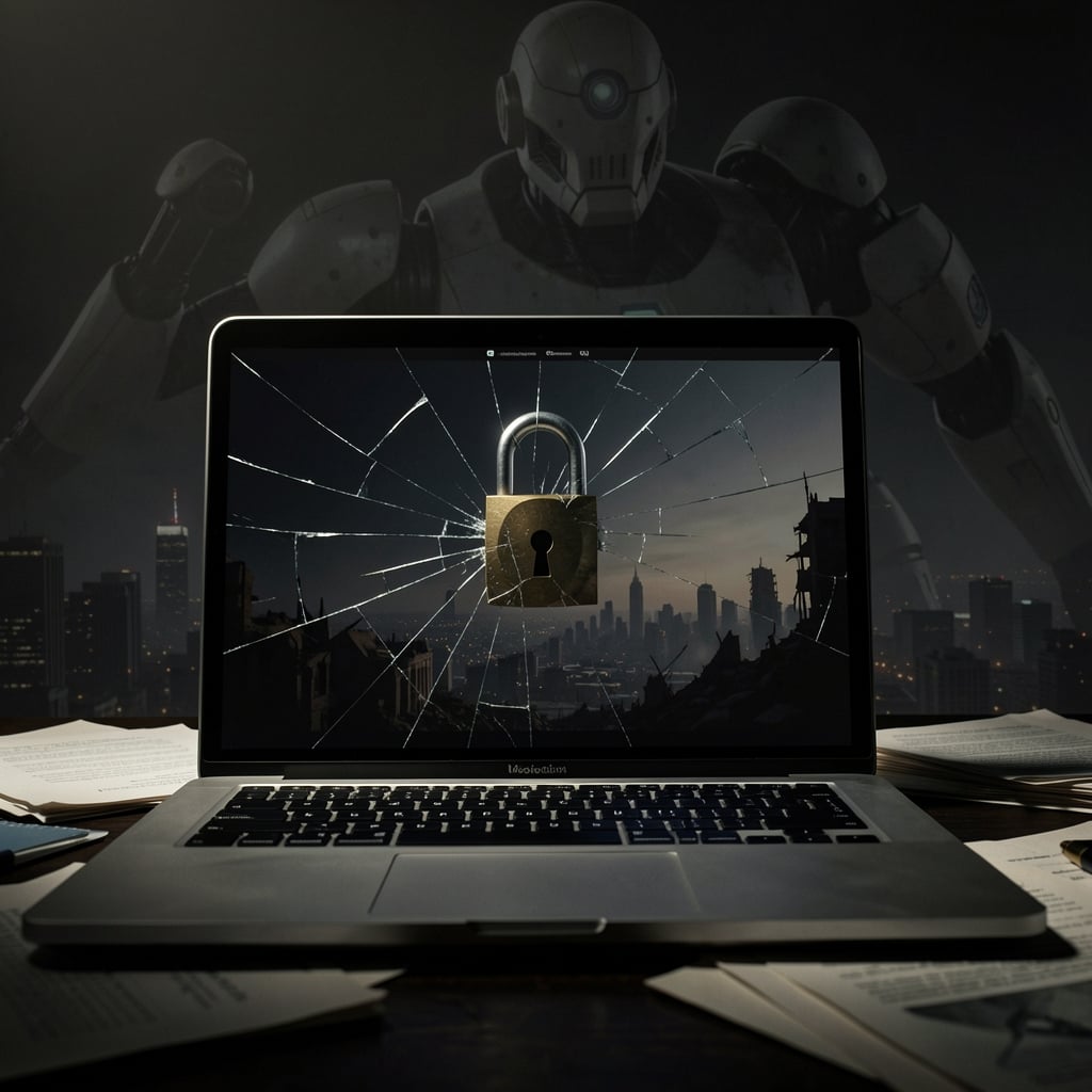 Dark laptop screen with shattered glass and padlock, surrounded by papers, with a ghostly robot and ruined cityscape in the…