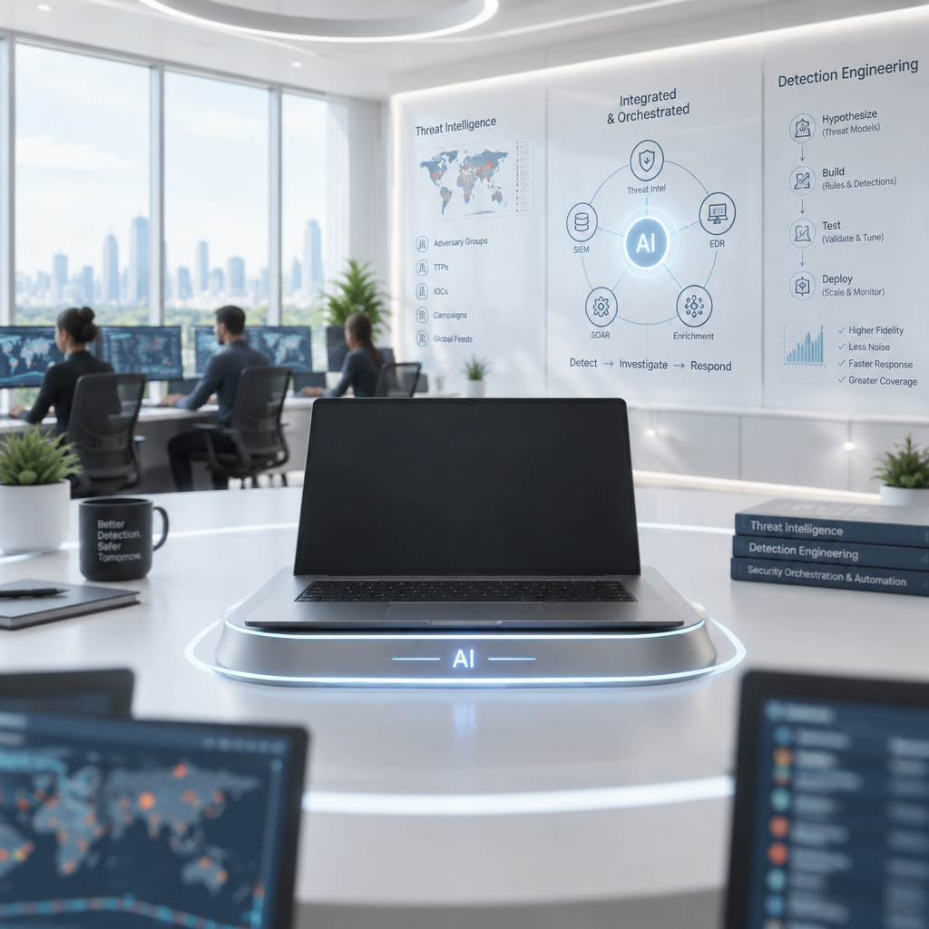 Sleek AI workstation sits at center of modern security operations center.