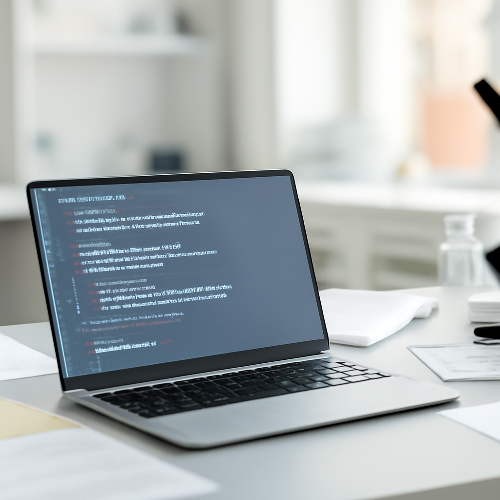 Research setting with laptop displaying code, surrounded by papers and technical instruments.