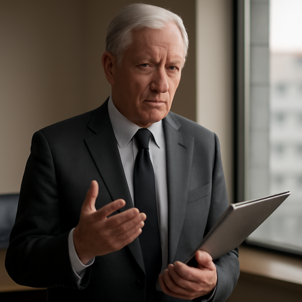 Senior executive looks concerned standing in front of a window with a blurred laptop screen behind.