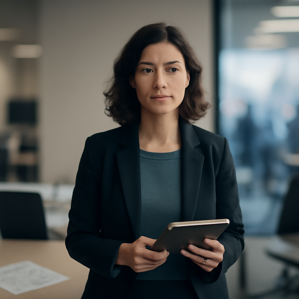 Woman in modern office setting looks thoughtfully at camera.