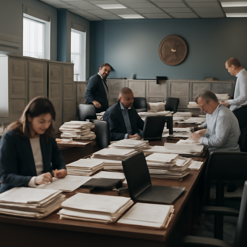 Federal agency document processing room with employees working at desks amidst stacks of papers and laptops.