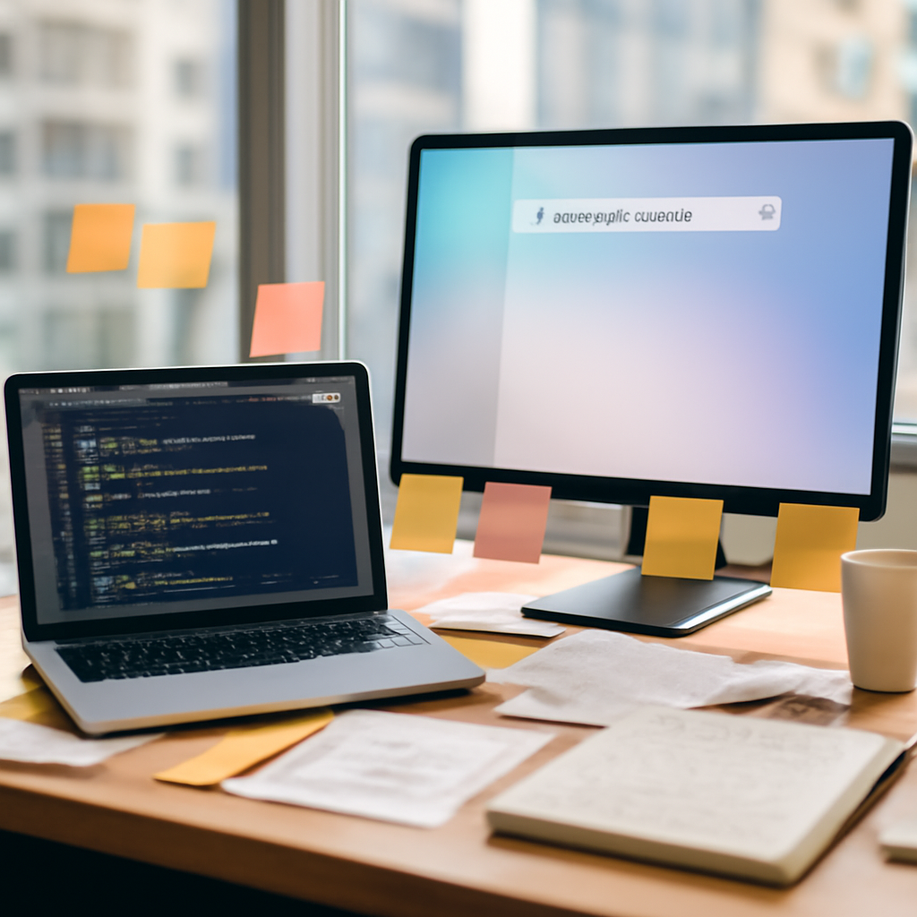 Cluttered software development workspace with AI coding assistant on monitor.