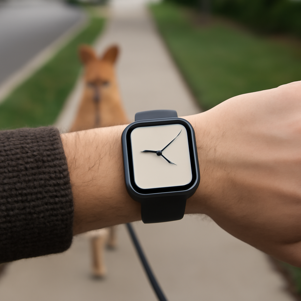 Person walking dog looks at smartwatch on their wrist.