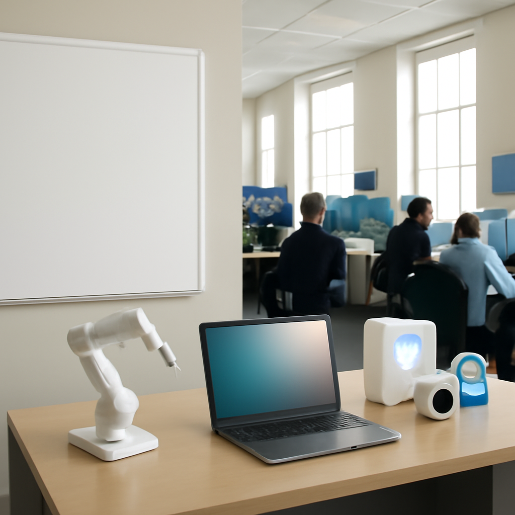 Cybersecurity operations room with AI models and empty whiteboard.