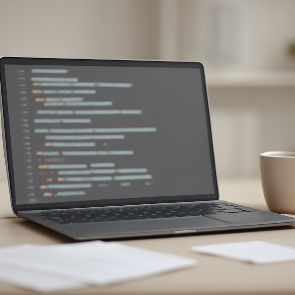 Laptop screen with blurred code on a cluttered modern office desk.