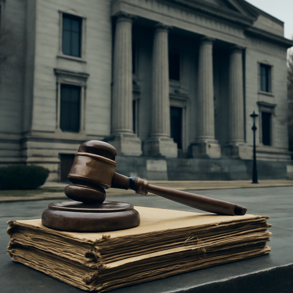 Federal courthouse with a gavel and case files, symbolizing justice.