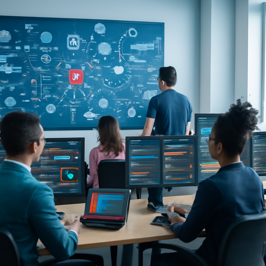 Security analysts work at computer workstations and a large wall screen in a brightly-lit operations center.