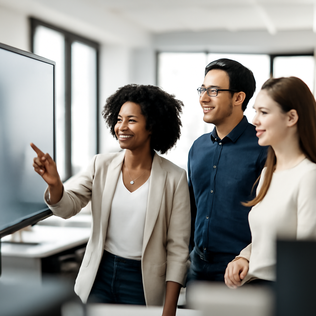 Diverse professionals gather around a large computer screen in a modern office space.