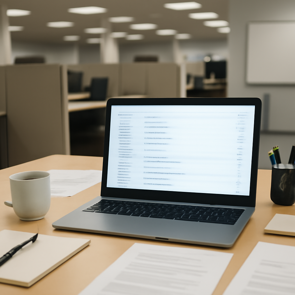 Office email workstation with laptop, papers, and supplies under ordinary lighting.
