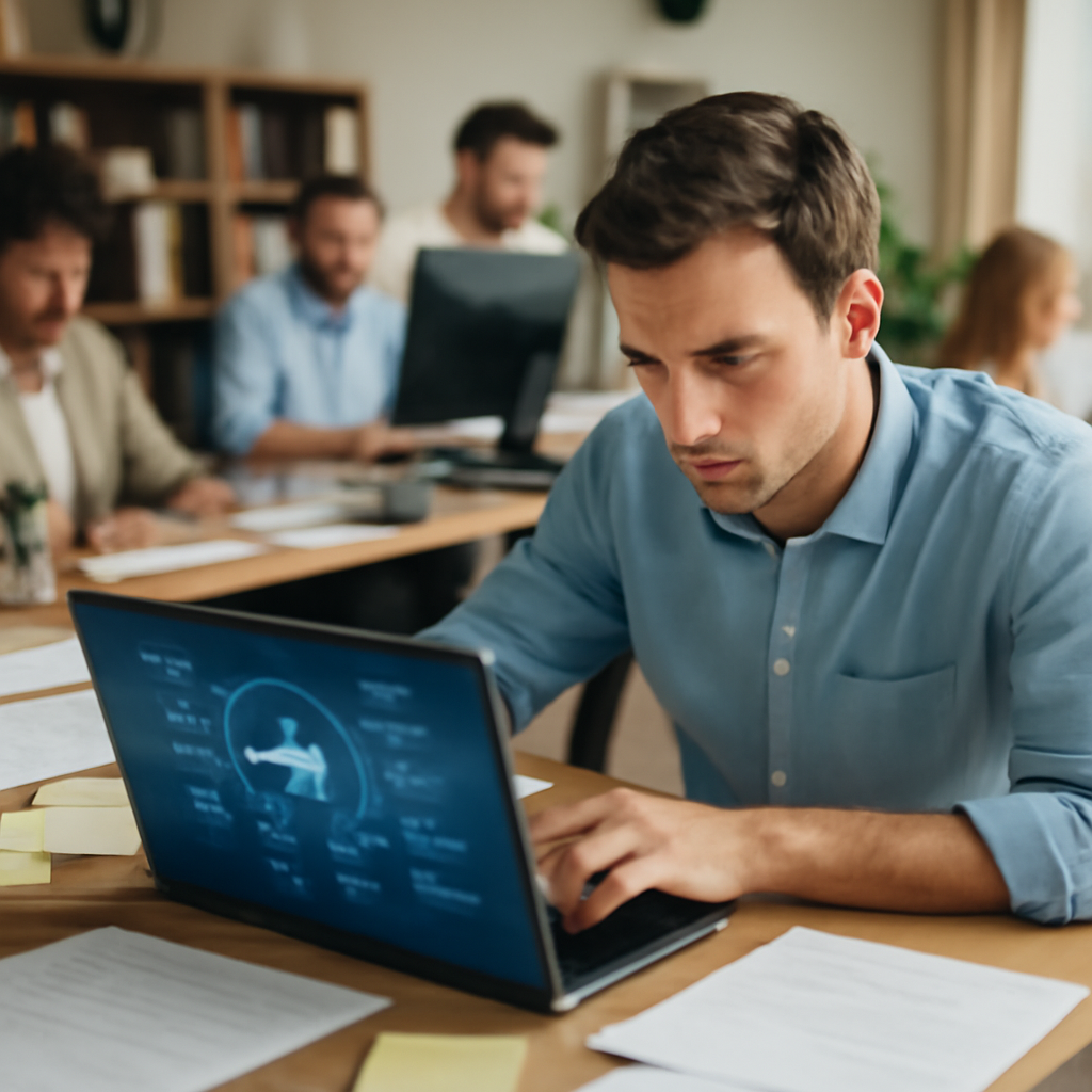 Employees work at desks, one focused on a laptop with a blurred AI interface, in a brightly-lit office with natural daylight.