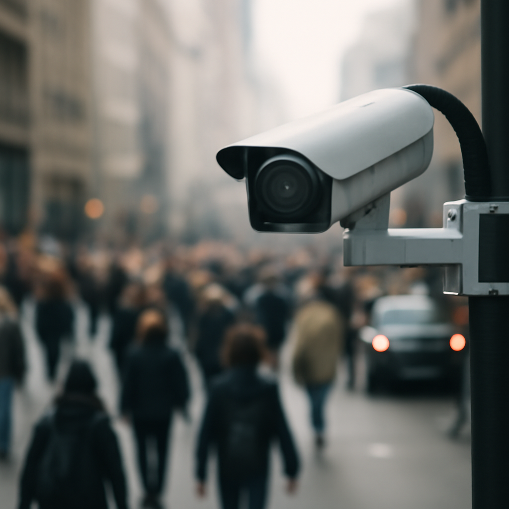 Modern surveillance camera on a streetlamp captures pedestrians and vehicles in a crowded city street.