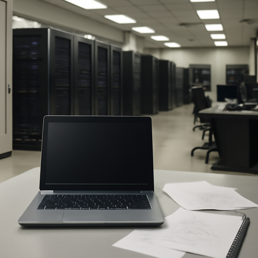 University research facility interior with computer servers, workstations, and a cluttered desk with a laptop and papers.