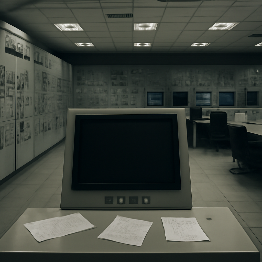 Industrial control panels and monitors line the background of a brightly-lit operations center, with a single blank…