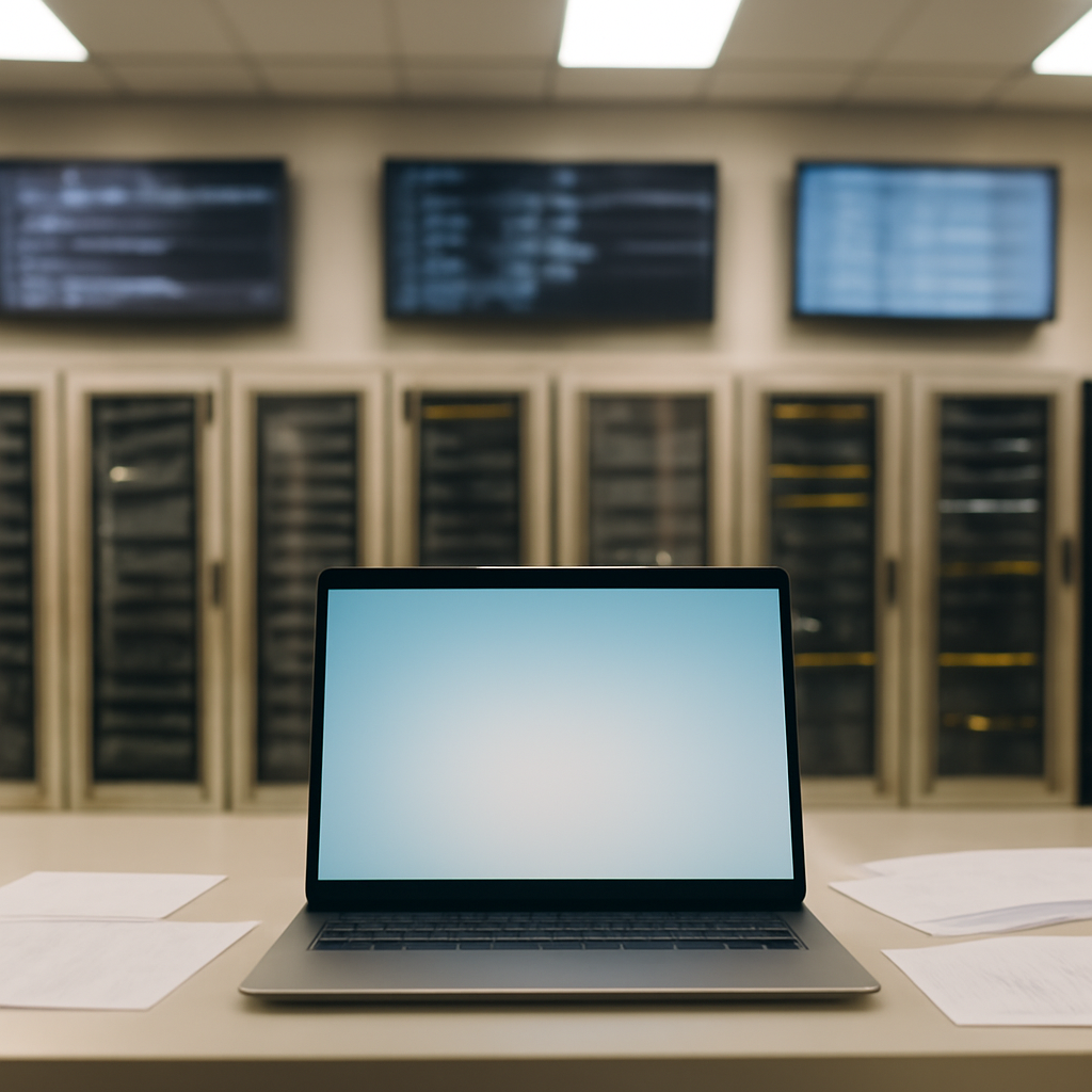 Rows of computer servers and networking equipment in a brightly-lit room with a single laptop screen visible in the…
