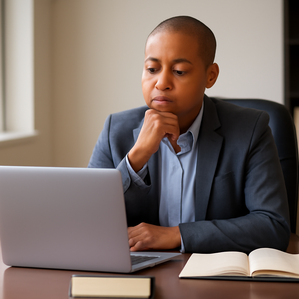 Person in office setting thoughtfully looking at laptop screen.