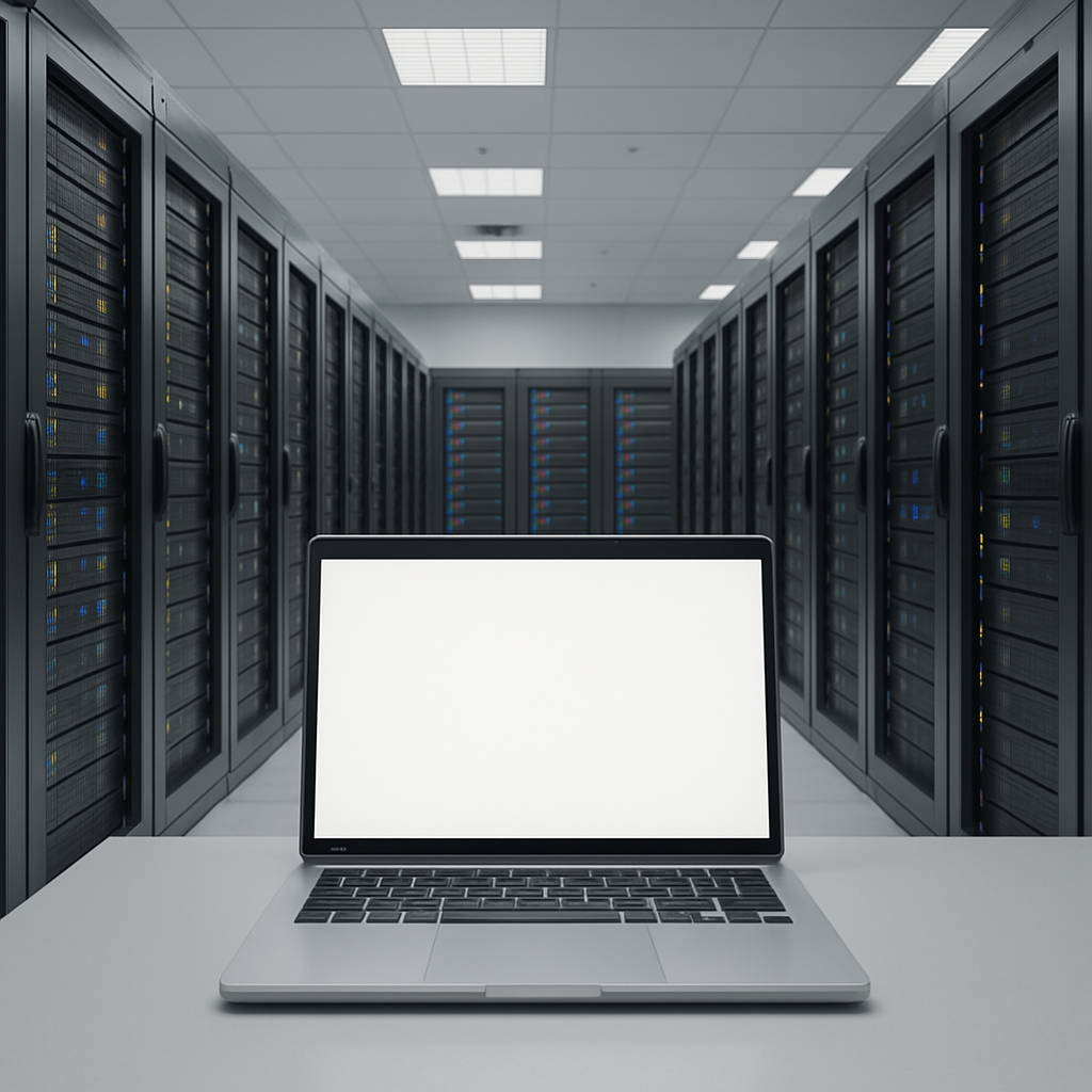 Rows of computer servers and networking equipment in a brightly-lit data center with a single laptop in the foreground.