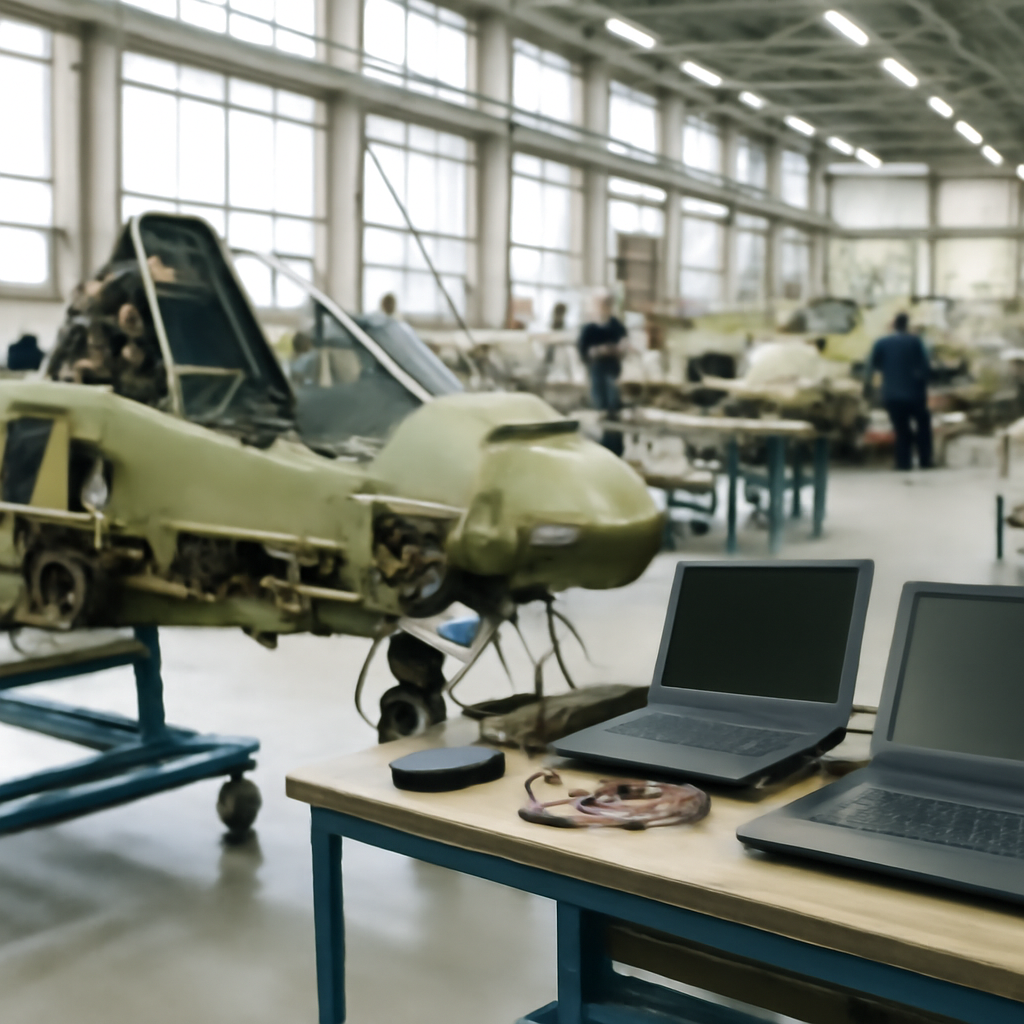 Military aircraft components in various production stages on a brightly-lit factory floor.