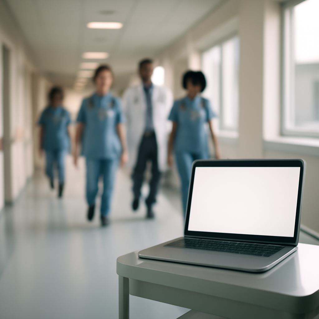 Hospital corridor with healthcare professionals and a laptop on a cart, soft natural daylight from large windows.