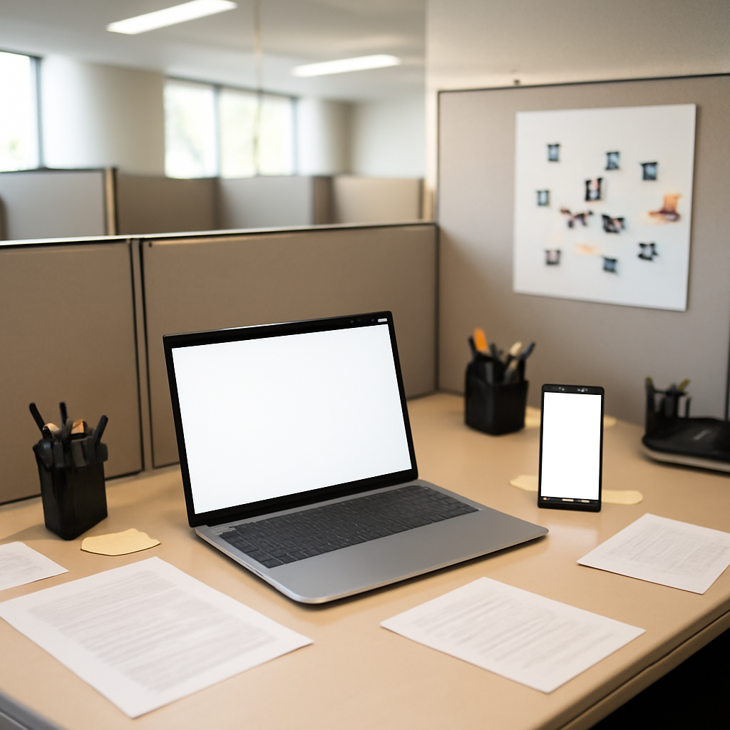 Empty office cubicle with laptop, smartphone, and papers, surrounded by blurred coworkers' spaces and a large window.