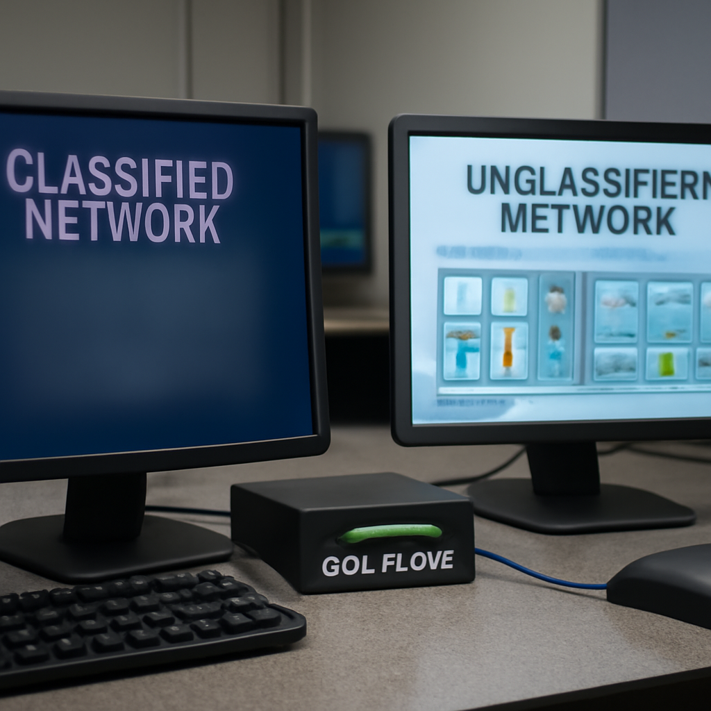 Secure computer network operations center with one-way data flow setup.